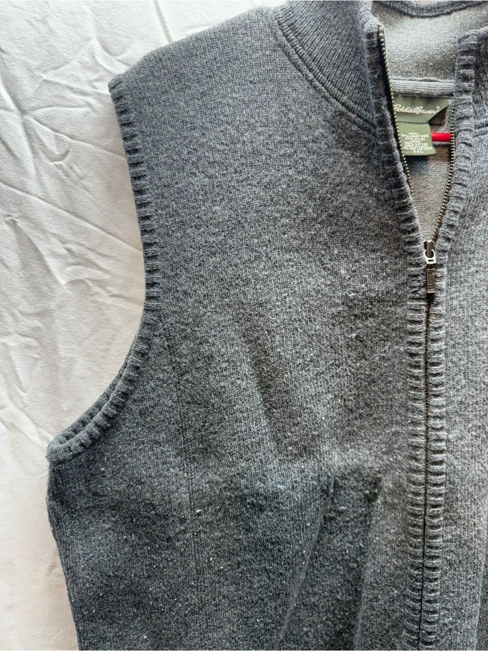 Eddie Bauer Mens XXL Lambswool Sweater Vest Gray Full Zip 78% Wool Vintage Style